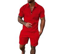 NQyIOS Mens Personality Sport Set Short Sleeve Button Down Casual Hippie Holiday Beach T-Shirts Shorts Outfits Plus Size Summer Outfits Sweat Suit Sales Clearance Red