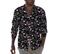 NQyIOS Mens Valentines Day Fashion Casual 3D Digital Heart Shaped Print Button Long Sleeve Shirt T Shirts for Men Cotton Long Sleeve (ZWadC-Black, S)