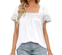 NQyIOS Oversized T Shirts for Women Summer Women Blouse Cotton Lace Splicing Square Neck Shirts for Women Tops Rayon Long Sleeve Shirt Women Black Shirt Womens