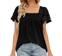 NQyIOS Summer Women Blouse Cotton Lace Splicing Square Neck Shirts for Women Tops Rayon Long Sleeve Shirt Women Black