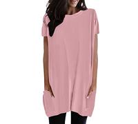NQyIOS Women Casual Fashion Simple Solid Color Round Neck Short Sleeve Pocket Long Top Womens Compression Shirt Pink