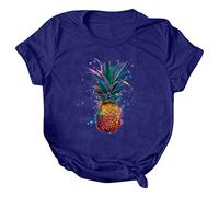 NQyIOS Women Casual Pineapple Printing Short Sleeves Crew Neck Loose Tshirt Blouse Tops Women Long Sleeve Shirt Blue