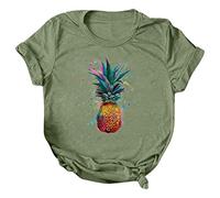 NQyIOS Women Casual Pineapple Printing Short Sleeves Crew Neck Loose Tshirt Blouse Tops Women Long Sleeve Shirt Green