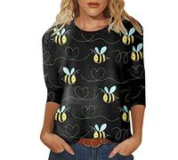 NQyIOS Women Casual Round Neck Three Quarter Sleeve T Shirt Funny Bee Festival Print Top Women's Short Sleeve Tops Light Blue