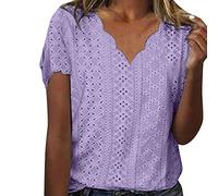 NQyIOS Women Casual Solid Color V Neck Lace Trim Knitted Jacquard Short Sleeved T Shirt Top Summer Women Shirts Purple