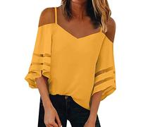 NQyIOS Women Fashion Top Spaghetti Straps Cold Shoulder Trendy Casual Shirt Mesh Insert Bell Sleeve Blouse Long Sleeve The Shirt Yellow