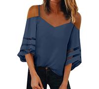 NQyIOS Women Fashion Top Spaghetti Straps Cold Shoulder Trendy Casual Shirt Mesh Insert Bell Sleeve Blouse Long Sleeve The Shirt Blue