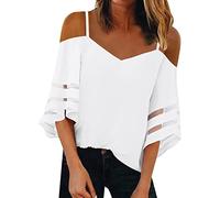 NQyIOS Women Fashion Top Spaghetti Straps Cold Shoulder Trendy Casual Shirt Mesh Insert Bell Sleeve Blouse Long Sleeve The Shirt White