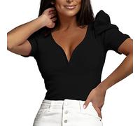 NQyIOS Women Puff Sleeve Top Deep V Neck Sexy Blouse Short Sleeve Knitted Tops Loose Fit Womens Top Black