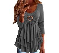 NQyIOS Women Solid Color Long Sleeve Round Neck Love Button Short Layered Cake Hem Loose T Shirt Top T Shirt Pack