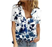 NQyIOS Womens Button Up Cotton and Linen Short Sleeve Printed Floral Blouse with Pocket Loose Fit T Shirts for Women Dark Blue