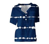 NQyIOS Womens Button Up Cotton and Linen Short Sleeve Printed Floral Blouse with Pocket Loose Fit T Shirts for Women Navy