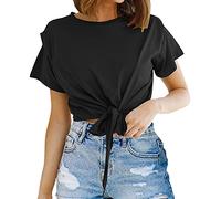 NQyIOS Womens Casual Short Sleeve Tie Front Top Round Neck Summer Solid Color Crop Top T Shirt Woman's Summer Tops Black