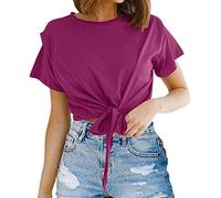 NQyIOS Womens Casual Short Sleeve Tie Front Top Round Neck Summer Solid Color Crop Top T Shirt Woman's Summer Tops Hot Pink