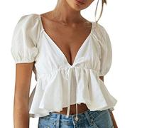 NQyIOS Womens Puff Short Sleeve Tie Back V Neck Ruffle Hem Peplum Crop Tops Extra Long Womens T Shirts White
