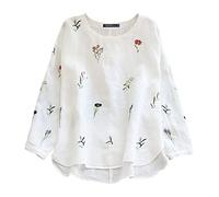 NQyIOS Women's Round Neck Loose Irregular Embroidered Tops Retro Long Sleeved Shirt Ladies Round Neck T Shirts White