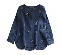 NQyIOS Women's Round Neck Loose Irregular Embroidered Tops Retro Long Sleeved Shirt Ladies Round Neck T Shirts Navy