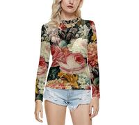 NQyIOS Women's Round Neck Print Casual Slim Fit Mesh T Shirt Top Women Thin Long Sleeve Shirt Red