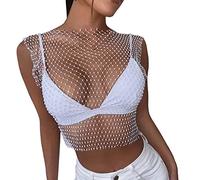 NQyIOS Women's Sexy Rhinestone Mesh Tank Tops See Through Diamond Crop Top Shirt Set Women White
