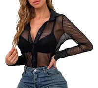 NQyIOS Women's Sheer Mesh Button Down Sexy Shirt Top Long Sleeve Blouse Shabby Jacket Black