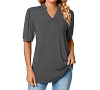 NQyIOS Womens Summer Puff Short Sleeve Tops Dressy Casual V Neck T Shirts Cute Blouse for Work 2 T Grey