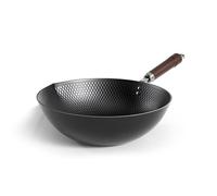 NQYZZFA Carbon Steel Wok Pan with Embossed Surface Woks Wok Non Stick No Chemical Coated/Wooden Handle/Flat Base Pan for 4-6 People, for Induction Gas and Electric Stoves,32cm