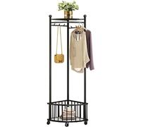 NQYZZFD Metal Clothing Rack, Corner Coat Rack Stand Hall Trees Free Standing Clothes Hanging Rail Garment Rack with 6 Hanger Hooks And Pants Hanger,A,Black
