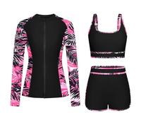 Nrat Women Tankini Swimsuits 3 Piece Floral Print Athletic Bathing Suits Tummy Control Modest Swimwear Long Sleeve Rush Guard Zip Front Athletic Swimsuit Sports Bra with Boyshort Bottoms Beachwear