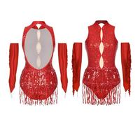 NRBMZYEN Dance Costumes Womens Latin Dance Performance Costumes with Sequined Tassels Metallic Gloves, Red, Large
