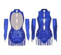 NRBMZYEN Dance Costumes Womens Latin Dance Performance Costumes with Sequined Tassels Metallic Gloves, Blue, Large