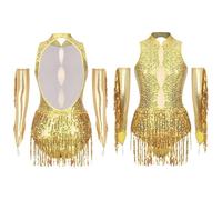 NRBMZYEN Dance Costumes Womens Latin Dance Performance Costumes with Sequined Tassels Metallic Gloves, Gold, Large