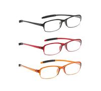 NRDIK PROFLEX SpareSpecs Reading Glasses (value 3 pack) - lightweight, impact resistant, scratch resistant, bendy, flexible, anti-slip, unisex (mens + womens) (red, black, autumn; oval; +3.0)