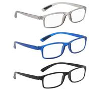 NRDIK PROFLEX SpareSpecs Reading Glasses (value 3 pack) - lightweight, impact resistant, scratch resistant, bendy, flexible, anti-slip, unisex (mens + womens) (black, blue, grey; classic; +3.0)