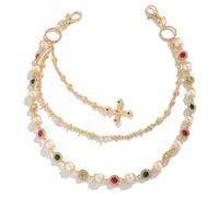 NREDXOON Y2K Gold-tone Jeans Chain - Layered Convertible Pants & Wallet Chain with Crystal Flower & Baroque Cross Charm for Women & E-Girls(GoldGem)