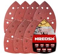 Nreosn 100PCS Multi Tool Sanding Pads, Mouse Sander Pads 40/60/80/120/180/240/400 Grit Assorted Sanding Sheets, 152×105mm Hook & Loop Pads With 11-Hole Dust Extraction for Detail Sanders