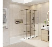 NRG 1000mm Reversible Wetroom Screen with 215mm Return Panel, 8mm Glass | Walk-In Wetroom Fit, Tall 1950mm, 180° Return Panel, Reversible Entry, Support Bar, Black Grid Screen