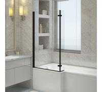 NRG 1400mm L Shaped Bath Screen with Hinged Return Black Framed Glass Bathroom Over Bath Screens