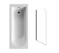 NRG 1500 x 700mm Straight Shower Bath Single Ended with 800 x 1400mm Bathroom Round Bath Screen Black Reversible