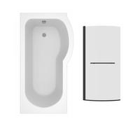 NRG 1500 x 800mm P-Shaped Bath Right Hand with 1400mm Bath Screen with Towel Rail Semi Frameless Black