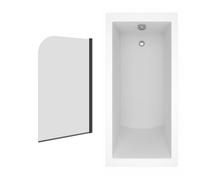 NRG 1500x700mm Straight Shower Bath Single Ended, Round Screen Matt Black