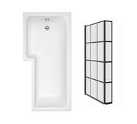 NRG 1700 x 850mm L Shaped Bath Left Hand with 800 x 1400mm L Shaped Grid Bath Screen with Fixed Return Black Framed (235L)