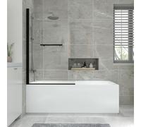 NRG 1700x700mm Acrylic Single Ended Straight Bath + Black Round Bath Screen with Towel Rail and Front Panel White Bathroom Bathtub