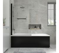NRG 1700x700mm Acrylic Single Ended Straight Bath + Black Square Bath Screen with Towel Rail and Front Panel Black Bathroom Bathtub