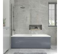 NRG 1700x700mm Acrylic Single Ended Straight Bath + Chrome Round Bath Screen with Front Panel Grey Bathroom Bathtub