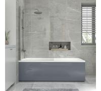 NRG 1700x700mm Acrylic Single Ended Straight Bath + Chrome Round Bath Screen with Towel Rail and Front Panel Grey Bathroom Bathtub