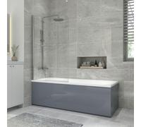 NRG 1700x700mm Acrylic Single Ended Straight Bath + Chrome Round Bath Screen with Towel Rail and Front & End Panel Grey Bathroom Bathtub