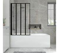 NRG 1700x700mm Acrylic Straight Bath + Black 4 Panel Folding Bath Screen with Front Panel White Bathroom Bathtub
