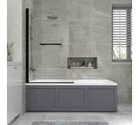 NRG 1700x700mm Acrylic Straight Bath + Black Round Bath Screen with Towel Rail and Front Panel Traditional Matte Grey Bathroom Bathtub