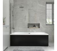 NRG 1700x700mm Acrylic Straight Bath + Chrome Round Bath Screen with Front Panel Black Bathroom Bathtub