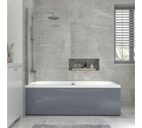 NRG 1700x700mm Acrylic Straight Bath + Chrome Round Bath Screen with Towel Rail and Front Panel Grey Bathroom Bathtub